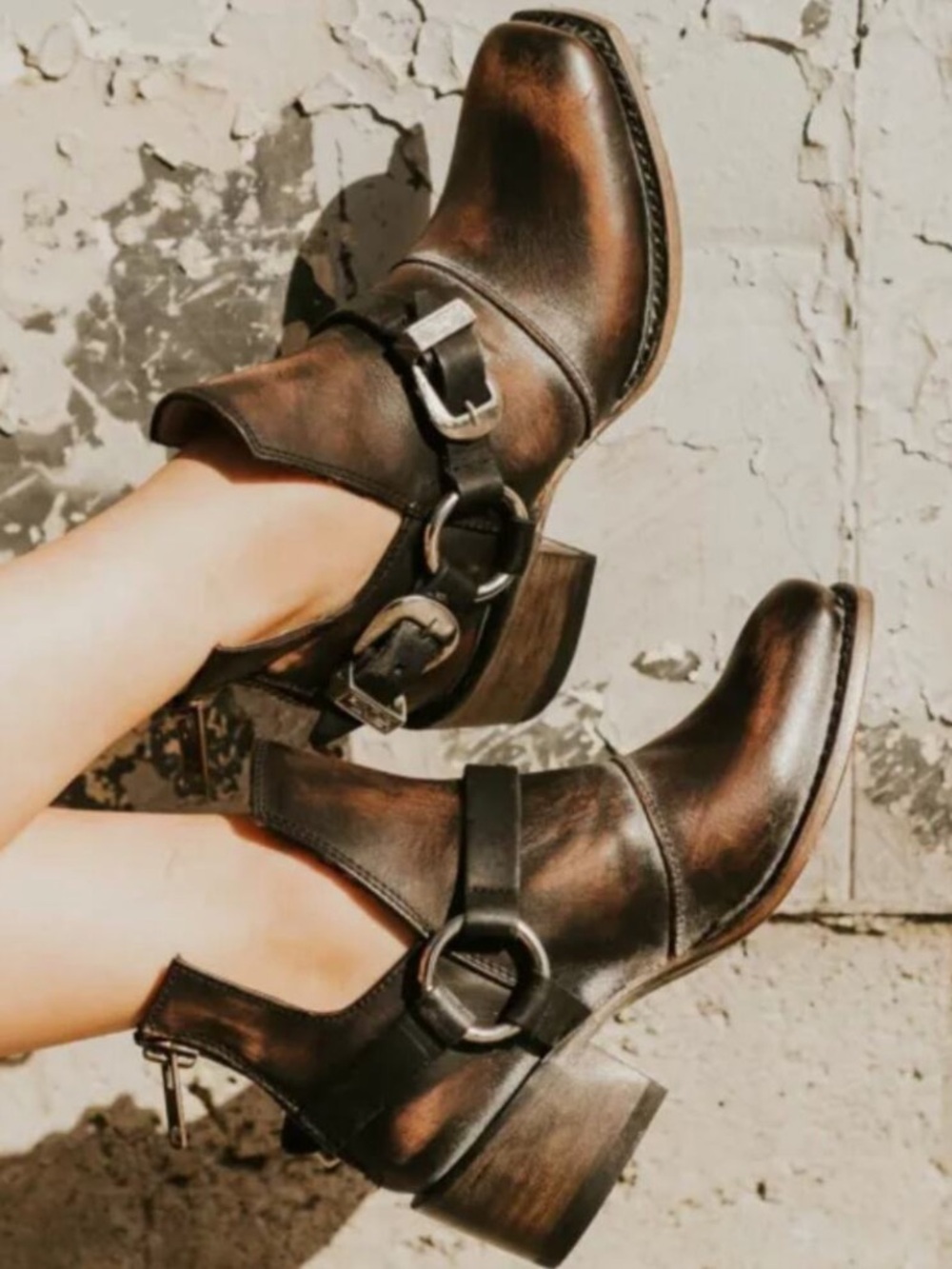 Freebird by Steven | Women's Brown Leather Truce Back Zip Harness Ankle Boots 8